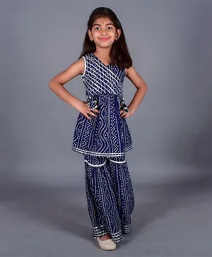 misbis Sleeveless Bandhani Design & Gota Laced Kurta With Sharara - Blue