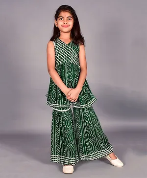 misbis Sleeveless Bandhani Design & Gota Laced Kurta With Sharara - Green