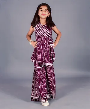 misbis Sleeveless Bandhani Design & Gota Laced Kurta With Sharara - Maroon