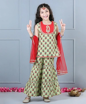 Aww Hunnie  Sleeveless Jaipuri  Floral Motif Printed  Laced Embellished  Kurta Sharara With Dupatta -  Green