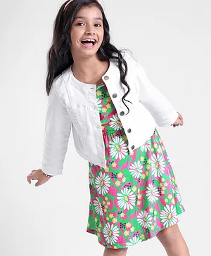 Hola Bonita Full Sleeves Denim Jacket with Singlet Inner Dress Floral Print - White
