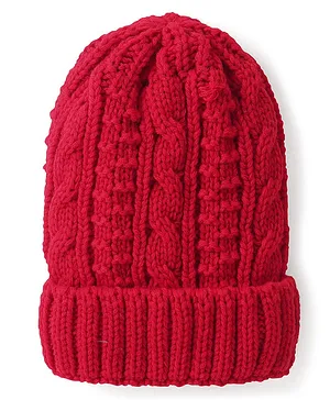 Pine Kids  Woollen Cap with Cable Knit Design Red - Diameter 18 cm