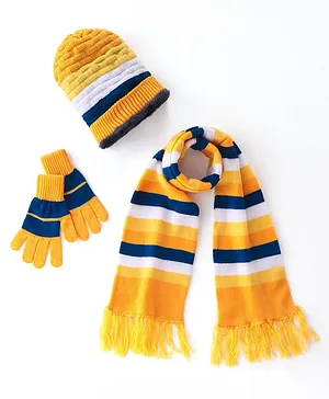 Pine Kids Knitted Woollen Cap Gloves & Muffler Set with Striped & Cable Knit Design Yellow - Diameter 13.5 cm