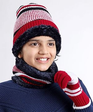 Pine Kids Knitted Woollen Cap Gloves & Snood Set with Striped & Cable Knit Design Blue - Diameter 11 cm