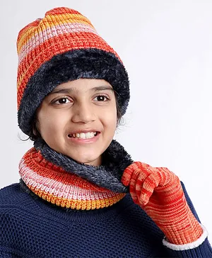 Pine Kids Knitted Woollen Cap Gloves & Snood Set with Striped & Cable Knit Design Multicolour - Diameter 14.5 cm