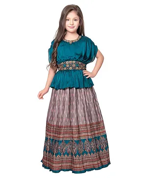Betty By Tiny Kingdom Half Sleeves Embroidered Belt & Damask Printed Peplum StyleGown  - Green