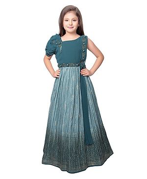 Betty By Tiny Kingdom One Shoulder Puffed Sleeves  Rose Embellished   Embroidered Gown  Attached With Fancy Dupatta  -  Blue