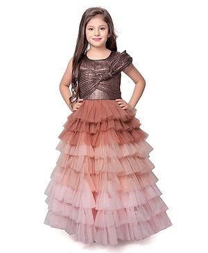 Betty By Tiny Kingdom One Cold Shoulder Style Pleated Knot Detailed Striped Self Designed Gradient Tulle Layered Party Gown     - Rust Brown