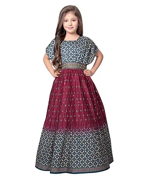 Betty By Tiny Kingdom Half Sleeves Floral Motif Printed Laced And Bead Embellished Waist Belt Gown - Magenta