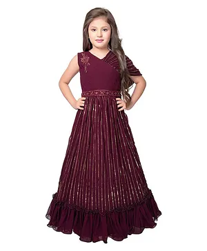 Betty By Tiny Kingdom One Shoulder Wrap Sleeves Bead Embellished Ruffled Gown  - Wine