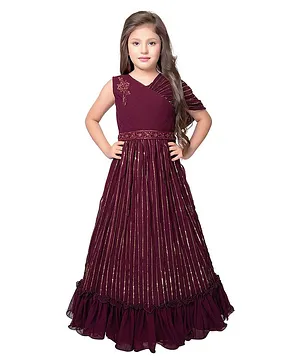 Betty By Tiny Kingdom One Shoulder Wrap Sleeves Bead Embellished Ruffled Gown  - Wine