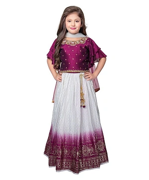 Betty By Tiny Kingdom Flutter Half Sleeves Bead Work Embellished & Embroidered Choli With Seamless Moroccan Design Printed Lehenga & Dupatta - Wine Purple