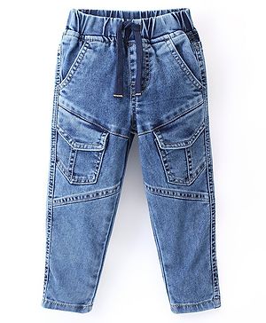 Babyhug Cotton Spandex Full Length Elasticated Denim Joggers with Draw Cord - Blue