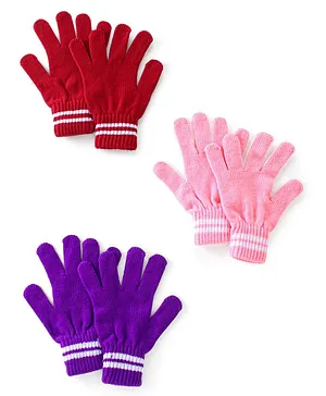 Pine Kids 100% Acrylic Knit Solid Color Gloves Set Pack of 3 (Color May Vary)