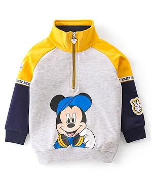 Babyhug Cotton Knit Raglan Sleeves Mickey Mouse Graphics Sweatshirt - White Melange