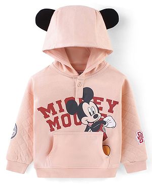 Babyhug 100% Cotton Knit Full Sleeve Sweatjacket With Mickey Mouse Graphics & Quilting Detailing - Peach