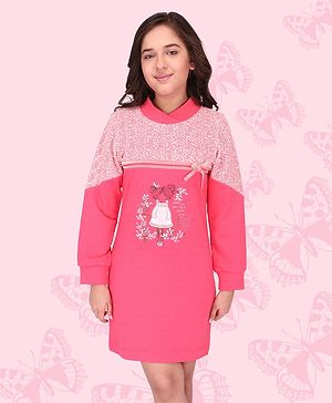 Cutecumber Full Sleeves Pearls Embellished With Printed Patch On Front Shift Dress - Coral Pink