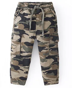 Babyhug Full Length Cotton Spandex Elasticated Trouser with Draw Cord Camouflage Print - Olive