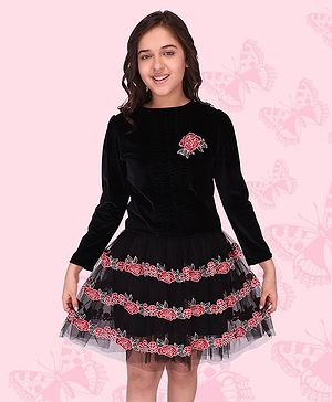 Cutecumber Pre Winter Full Sleeves Coordinating Layered Roses Band Embroidered Skirt & Smocked Velvet Top Set - Black