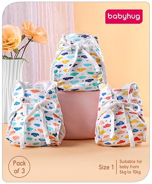 Babyhug 100% Cotton Dry Feel Langots With Cloud Print Size 1 Pack of 3 - White
