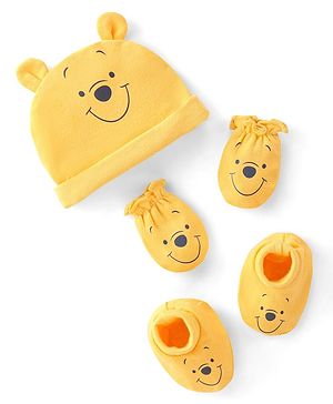 Babyhug 100% Cotton Knit Ear Applique Cap Mittens & Booties - Yellow