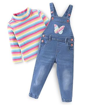 Babyhug 100% Cotton Knit Dungrees & Full Sleeves Top Stripes & Butterfly Applique - Yellow Pink & Blue