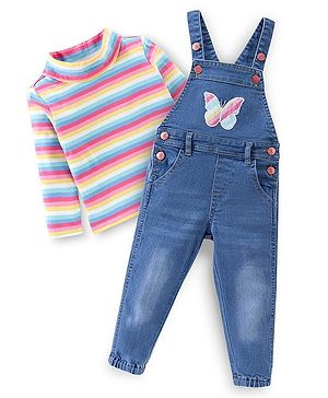 Babyhug 100% Cotton Knit Dungrees & Full Sleeves Top Stripes & Butterfly Applique - Yellow Pink & Blue