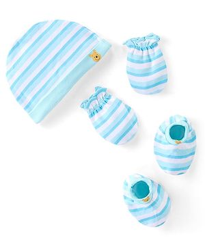 Babyhug 100% Cotton Knit Cap Mittens & Booties Set with Stripes  - Blue