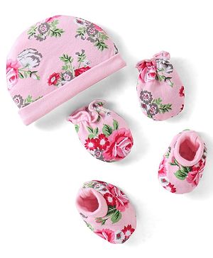Babyhug 100% Cotton Knit Cap Mittens & Booties Set Floral Print - Pink