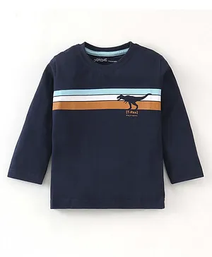 Doreme Single Jersey Full Sleeves T-Shirt With Striped & Dino Print -Prussian Blue