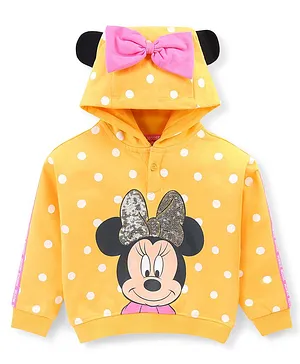 Babyhug 100% Cotton Knit Full Sleeves Minnie Mouse Graphic with Sequins Detailing Hooded Sweatshirt - Yellow
