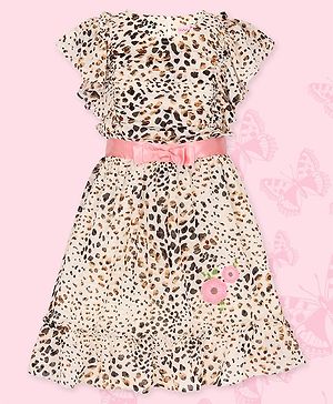 Cutecumber Flutter Short Sleeves Seamless Abstract Design Printed Fit & Flare Dress - Cream