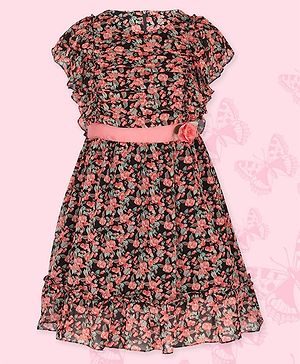 Cutecumber Flutter Short Sleeves Seamless Vintage Floral Printed Fit & Flare Dress - Peach