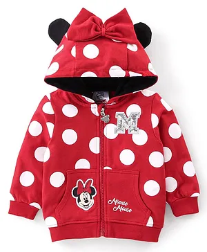 Babyhug 100% Cotton Knit Full Sleeves Hooded Sweatjacket with Zipper & Minnie Mouse Graphics Print & Bow Applique On Hoodie - Red
