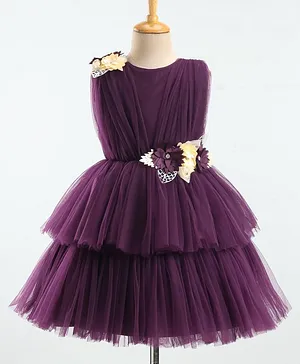 Enfance Sleeveless Gathered Bodice & Flower Applique  Layered Fit & Flared Party  Dress - Wine