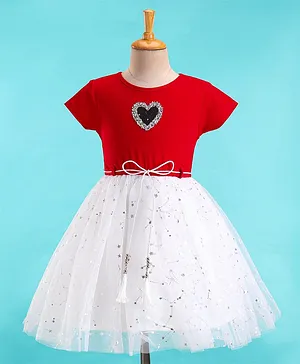 Enfance Short Sleeves Stone Heart Embellished &  Ribbed Bodice Detailed With Stars Foil Pinted Fit & Flare Dress - Red