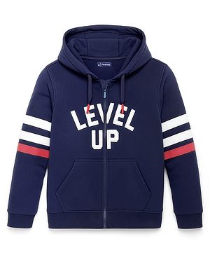 Pine Kids 100% Cotton Knit Full Sleeves Front Open Hooded Biowashed Sweatshirt Text Print - Estate Blue