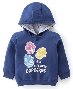 Babyhug Cotton Knit Full Sleeves Cupcakes Graphics Hooded Sweatshirt - Navy