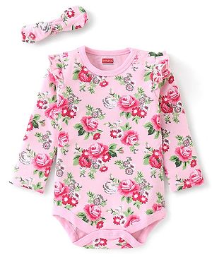 Babyhug 100% Cotton Full Sleeves Onesie with Head Band Floral Print - Pink