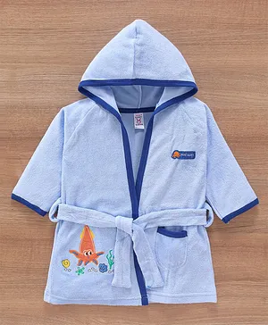 Babyhug Cotton Terry Knit Full Sleeves Hooded Bath Robe Marine Life Embroidery - Sky Blue