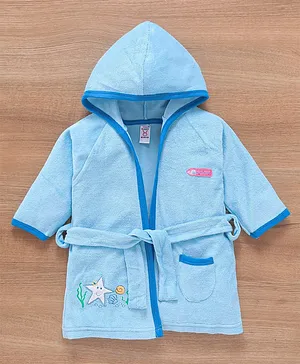 Babyhug Cotton Terry Knit Full Sleeves Hooded Bath Robe Marine Life Embroidery - Blue