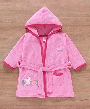 Babyhug Cotton Terry Knit Full Sleeves Hooded Bath Robe Marine Life Embroidery - Pink