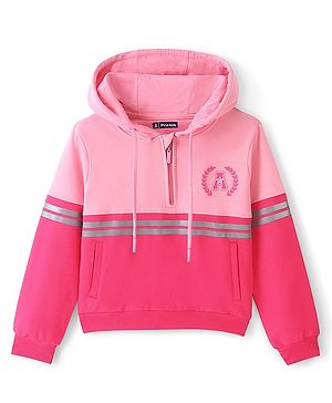 Pine Kids Full Sleeves Hooded Front Open Biowashed Sweatshirt Colour Block Design- Pink