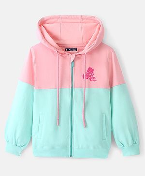 Pine Kids Full Sleeve Front Open Hooded Biowashed Sweatshirt With Floral Embroidery - Pink & Blue