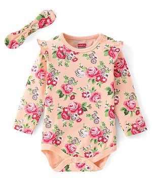 Babyhug 100% Cotton Full Sleeves Onesie with Headband Floral Printed - Peach