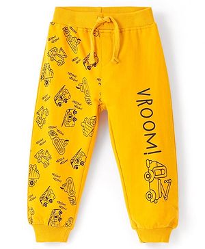 Babyhug Cotton Looper Knit Full Length Lounge Pant Truck Printed - Yellow