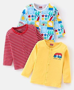 Babyhug Cotton Knit Full Sleeves Vests Vehicle Print Pack of 3 - Yellow Red & Blue