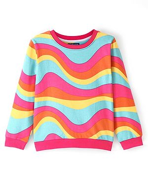 Pinekids Cotton Knit Biowash Full Sleeves Sweatshirt With Marble Print - Orange Pink & Blue