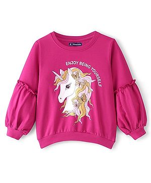 Pine Kids Cotton Full Sleeves Round Neck Biowashed Sweatshirt Unicorn Printed - Fuchsia Fedora