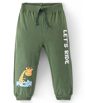 Babyhug Cotton Looper Knit Full Length Text & Giraffe Printed Lounge Pant - Olive Green